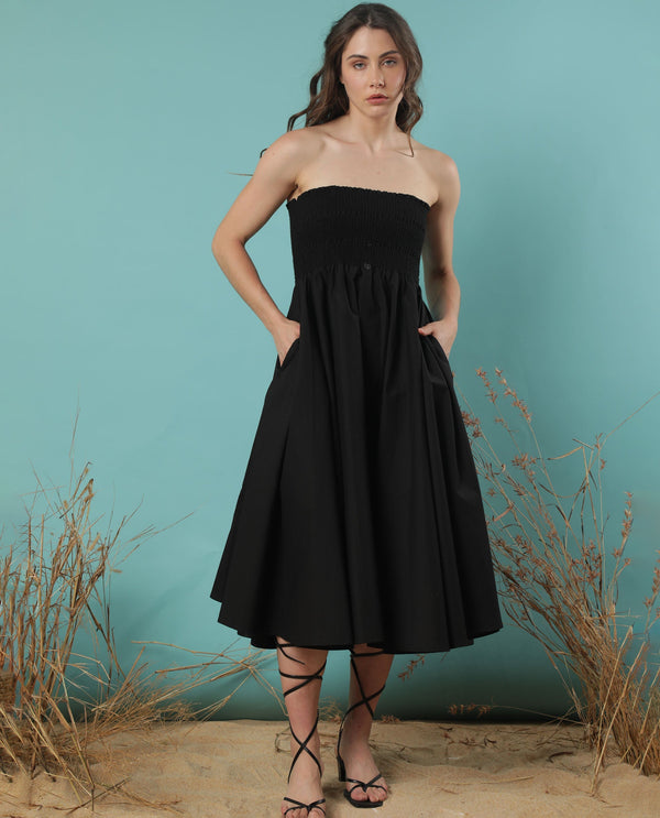 Rareism Women Zozo Black Off Shoulder With Detachable Shoulder Straps And Pockets Smocked Midi Dress
