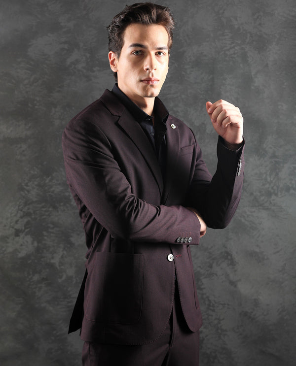 Rare Rabbit Men's Zanza Maroon Polyester Viscose Fabric Notch Lapel Button Closure Single Breasted Textured Suits