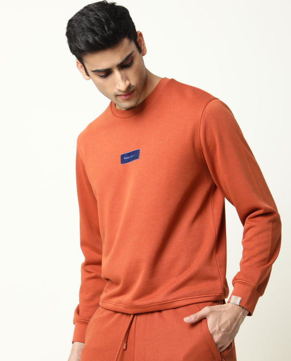 Rare Rabbit Men's Velveto Rust Cotton Polyester Fabric Full Sleeves Velvet Branding Knit Sweatshirt