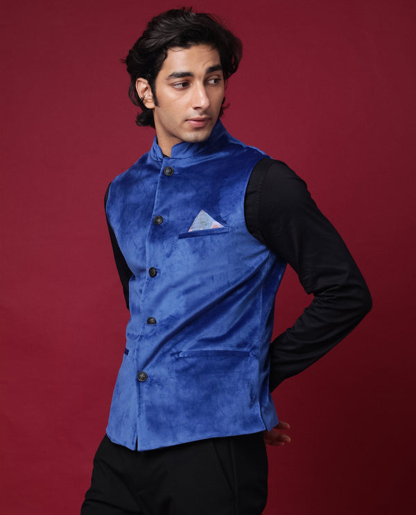 Rare Rabbit Men's Ziva Blue Polyester Fabric Mandarin Collar Slim Fit Velvet Bandi