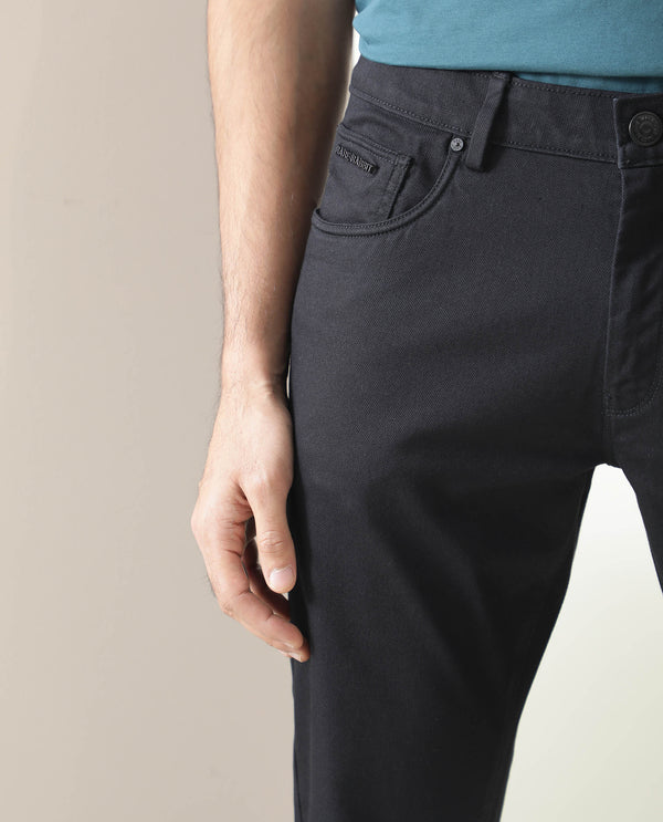Rare Rabbit Men's Poke Black Solid Mid-Rise Regular Fit Trouser