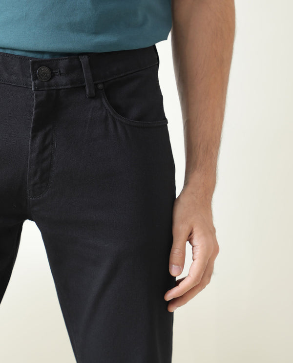 Rare Rabbit Men's Poke Black Solid Mid-Rise Regular Fit Trouser