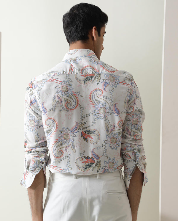 Rare Rabbit Men's Cecilia Off White Rayon Linen Fabric Full Sleeves Paisley Print Shirt