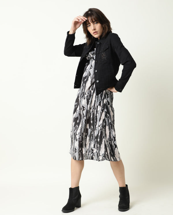 Rareism Women Darling Black Abstract Print Broad Shoulder Straps Ruffled Square Neck Midi Dress