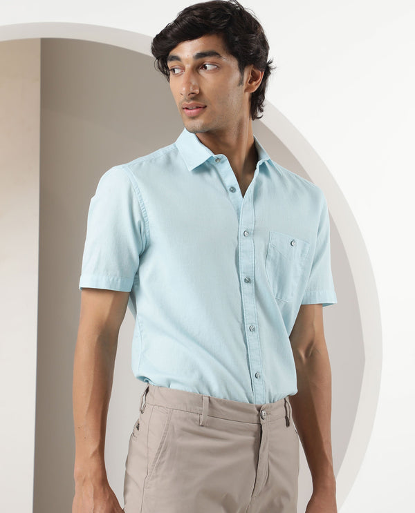 Rare Rabbit Men's Affle Light Blue Dobby Fabric Half Sleeves Solid Shirt