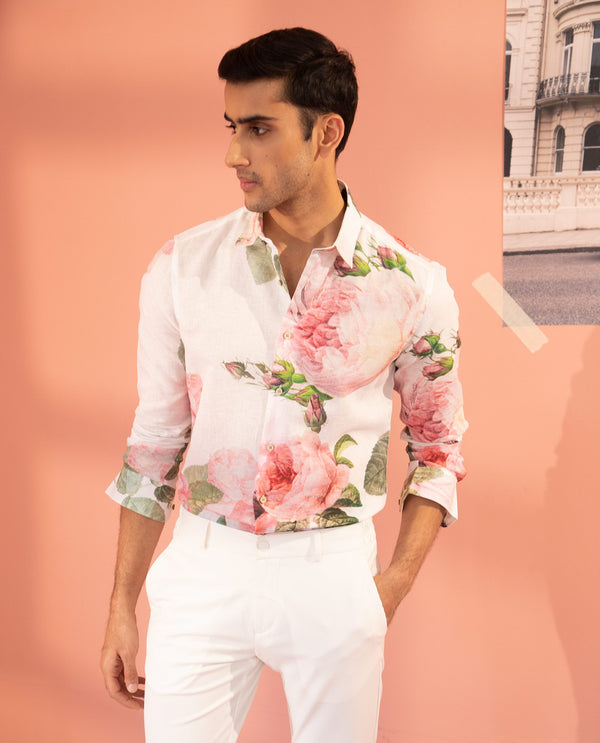 Rare Rabbit Men's Slovens White Shirt Cotton Fabric Floral Print Full Sleeves Shirt