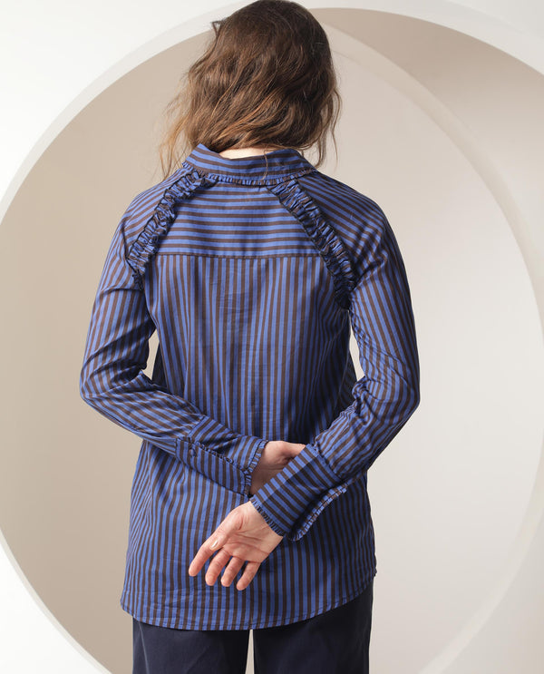 Rareism Women Treasure Dark Blue Cotton Fabric Full Sleeves Button Closure Shirt Collar Relaxed Fit Striped Shirt