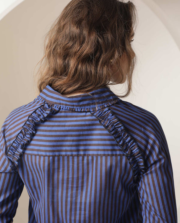 Rareism Women Treasure Dark Blue Cotton Fabric Full Sleeves Button Closure Shirt Collar Relaxed Fit Striped Shirt