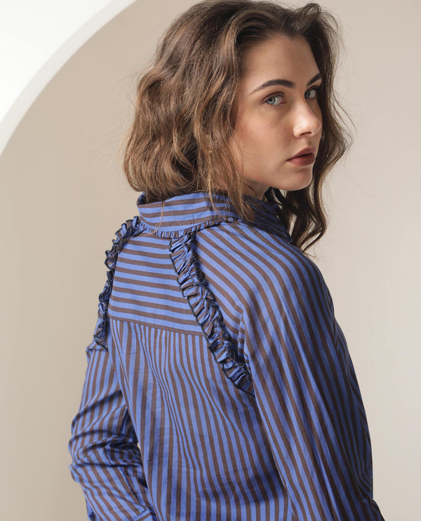Rareism Women Treasure Dark Blue Cotton Fabric Full Sleeves Button Closure Shirt Collar Relaxed Fit Striped Shirt