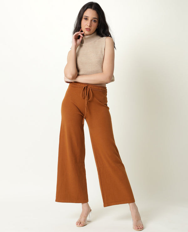 Rareism Women Finn Track Rust Cotton Fabric Flared Solid Mid Rise Ankle Length Track Pant