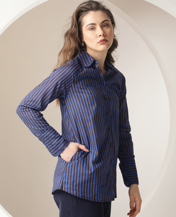 Rareism Women Treasure Dark Blue Cotton Fabric Full Sleeves Button Closure Shirt Collar Relaxed Fit Striped Shirt