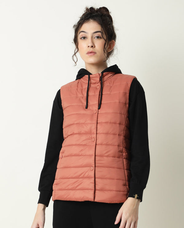 Rareism Women Trunk Dark Rust  Sleeveless Solid Hooded Jacket