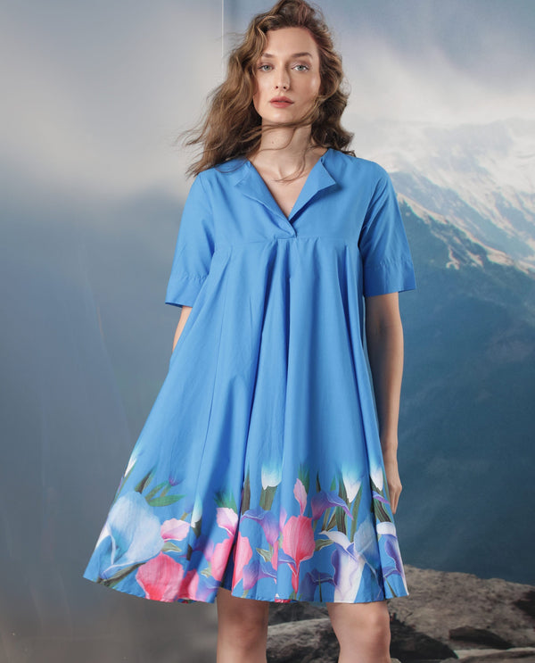 Rareism Women Xender Blue Floral Print Overlap Lapel Collar Half Sleeves With Pockets Flared Mini Dress