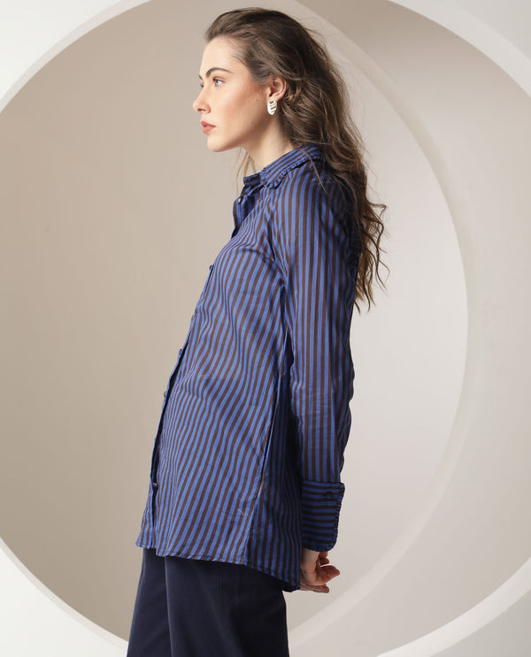 Rareism Women Treasure Dark Blue Cotton Fabric Full Sleeves Button Closure Shirt Collar Relaxed Fit Striped Shirt