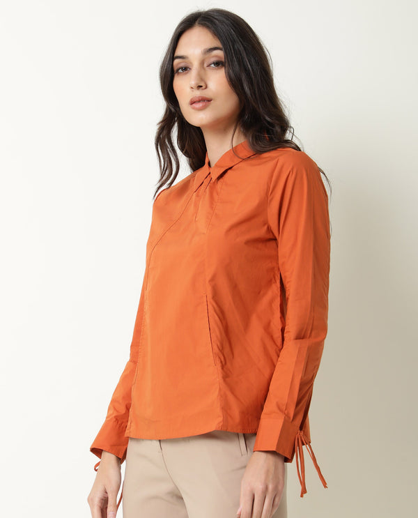 Rareism Womens Merge Rust Top Cotton Fabric Regular Fit Full Sleeve Collared Neck