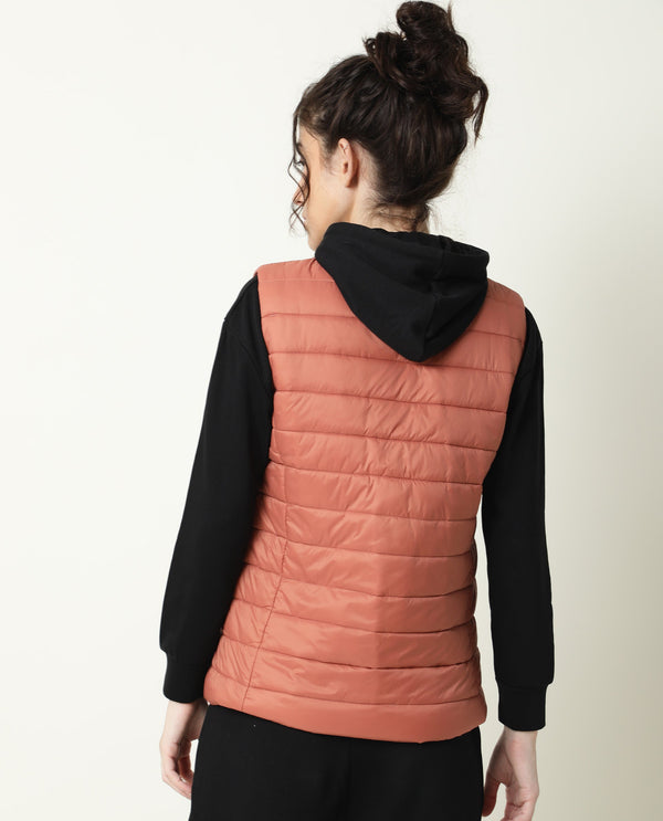 Rareism Women Trunk Dark Rust  Sleeveless Solid Hooded Jacket