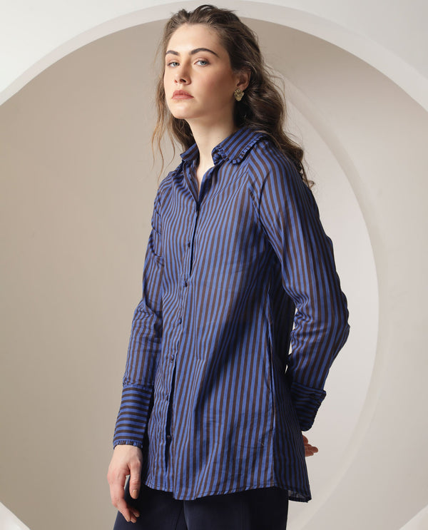 Rareism Women Treasure Dark Blue Cotton Fabric Full Sleeves Button Closure Shirt Collar Relaxed Fit Striped Shirt
