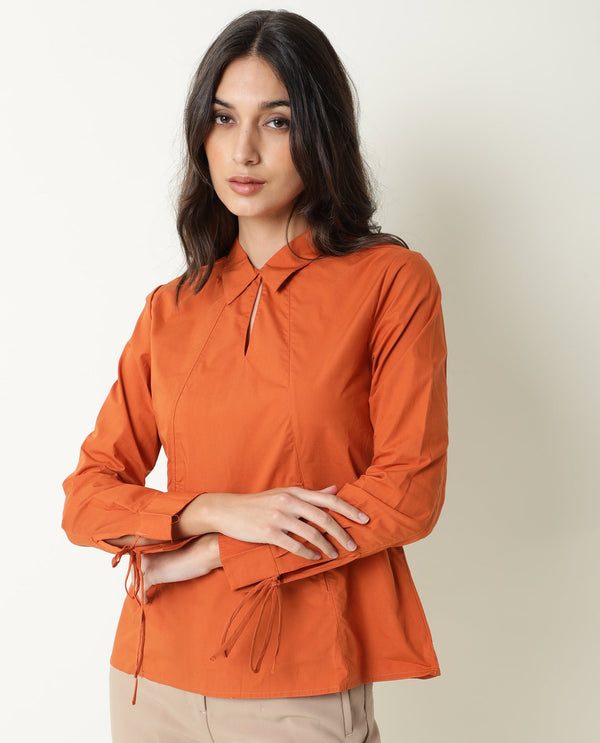 Rareism Womens Merge Rust Top Cotton Fabric Regular Fit Full Sleeve Collared Neck