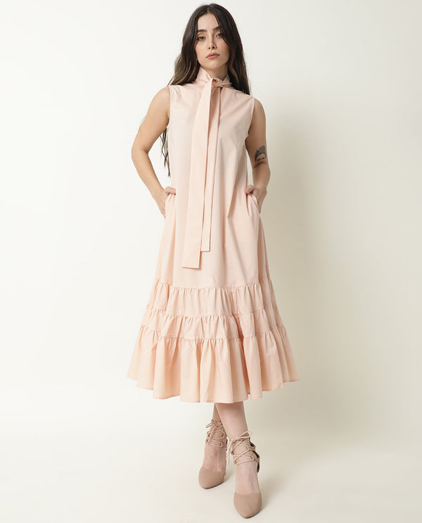 Rareism Women Gino Light Peach Tie Up Neck Sleeveless With Ruffled Hem And Pockets Maxi Dress
