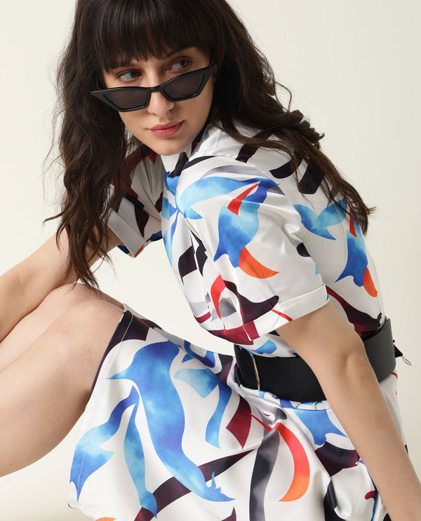 Rareism Women Saler White Abstract Band Collar Short Sleeves With Pockets Asymmetric Knee Length Dress