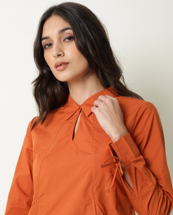 Rareism Womens Merge Rust Top Cotton Fabric Regular Fit Full Sleeve Collared Neck