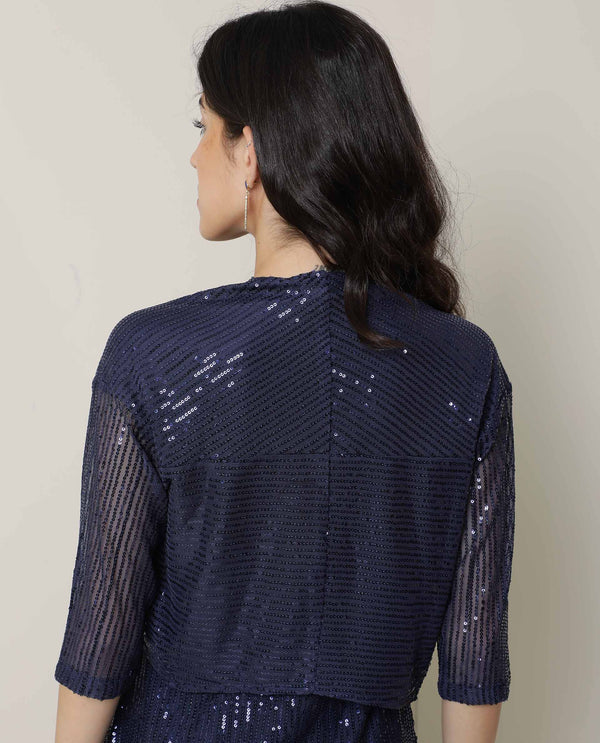 Rareism Women Agog Dark Blue Nylon Fabric 3/4Th Sleeves Solid Collarless Knee Length Shrug