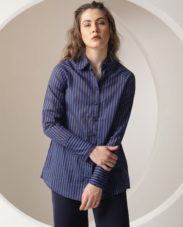 Rareism Women Treasure Dark Blue Cotton Fabric Full Sleeves Button Closure Shirt Collar Relaxed Fit Striped Shirt