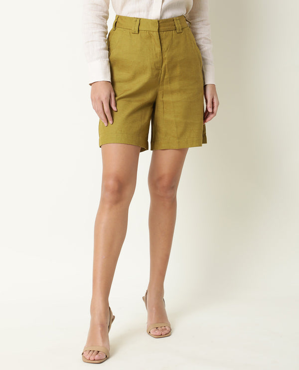 Rareism Women Lamar Olive Cotton Fabric Relaxed Fit Solid High Rise Shorts