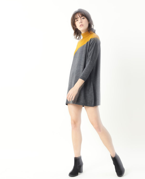 Rareism Women Spaton Grey Acrylic Fabric Full Sleeves Knee Length Regular Fit Color Blocked High Neck Sweater