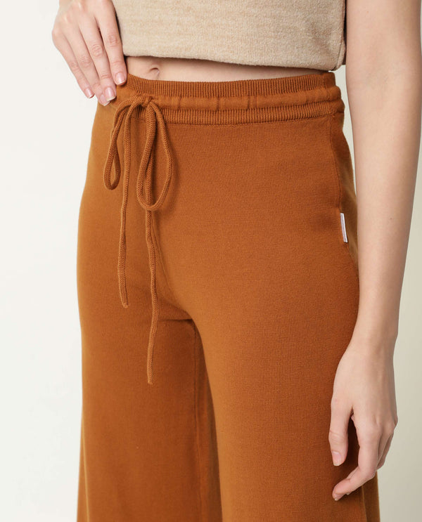 Rareism Women Finn Track Rust Cotton Fabric Flared Solid Mid Rise Ankle Length Track Pant