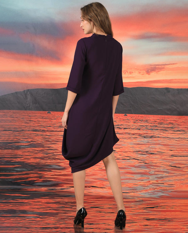 Rareism Women's Sullivan Purple Polyester Fabric High Neck Zipper Closure 3/4Th Sleeve Plain  Knee Length Dress
