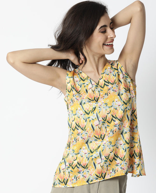 Rareism Women Look Yellow  Relaxed Fit V-Neck Sleeveless Striped Top