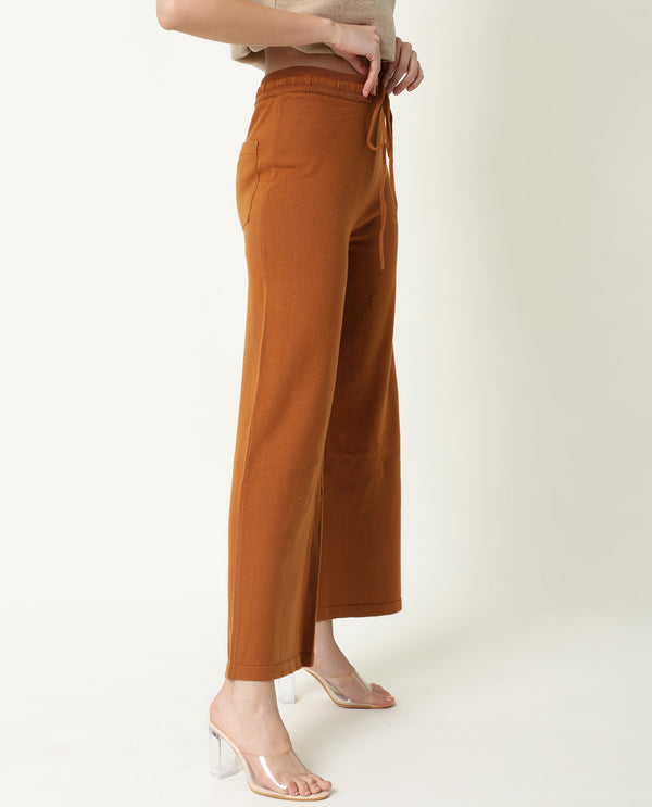 Rareism Women Finn Track Rust Cotton Fabric Flared Solid Mid Rise Ankle Length Track Pant