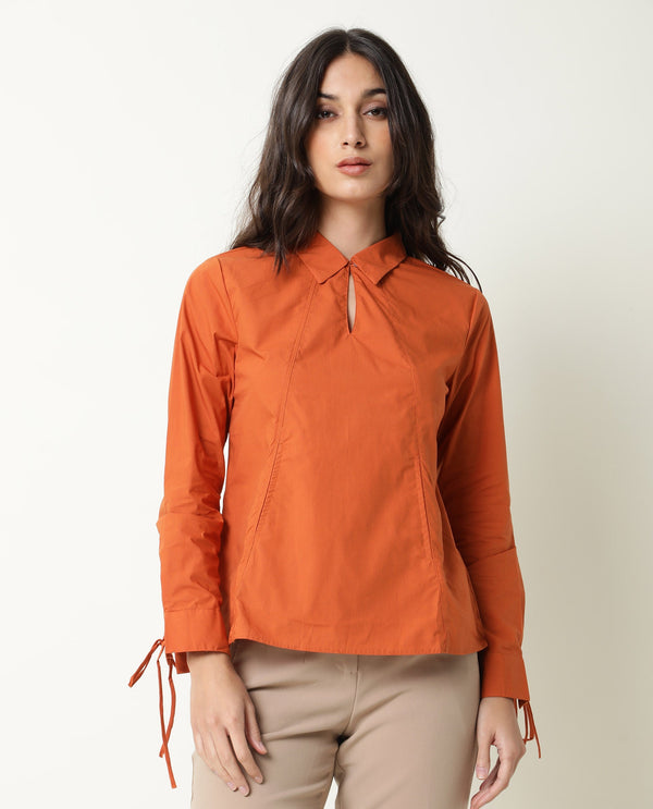Rareism Womens Merge Rust Top Cotton Fabric Regular Fit Full Sleeve Collared Neck