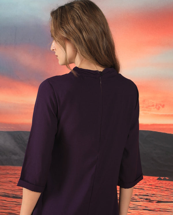 Rareism Women's Sullivan Purple Polyester Fabric High Neck Zipper Closure 3/4Th Sleeve Plain  Knee Length Dress
