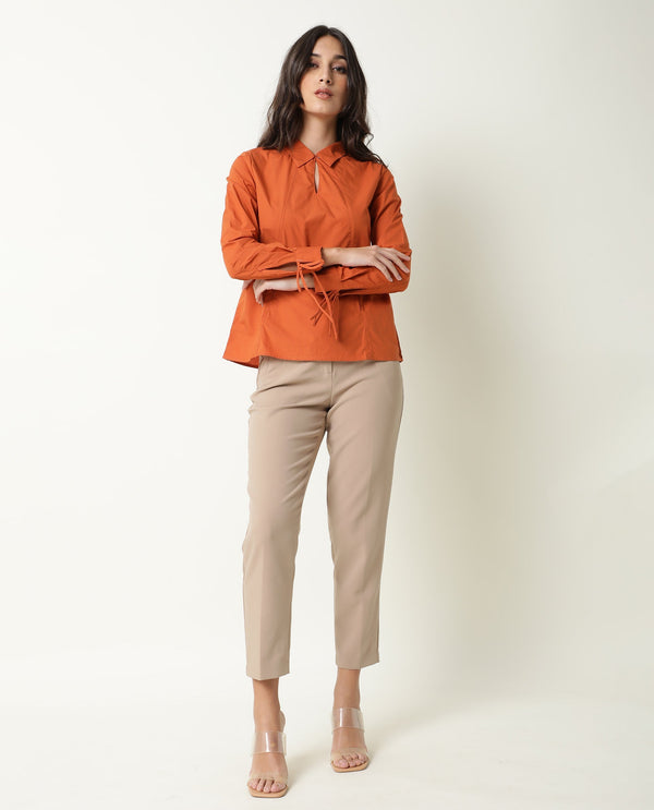 Rareism Womens Merge Rust Top Cotton Fabric Regular Fit Full Sleeve Collared Neck