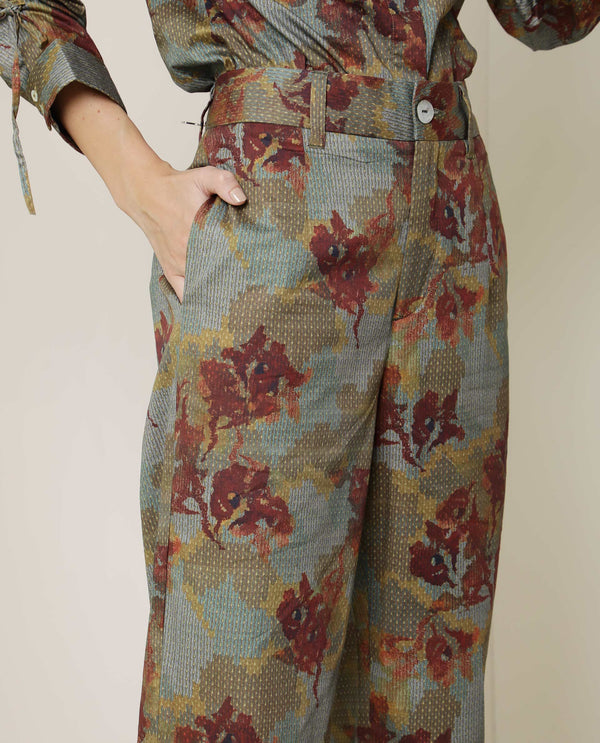 Rareism Women Milan Dark Olive Cotton Fabric Button Fly Closure Tailored Fit Floral Print Ankle Length Trousers