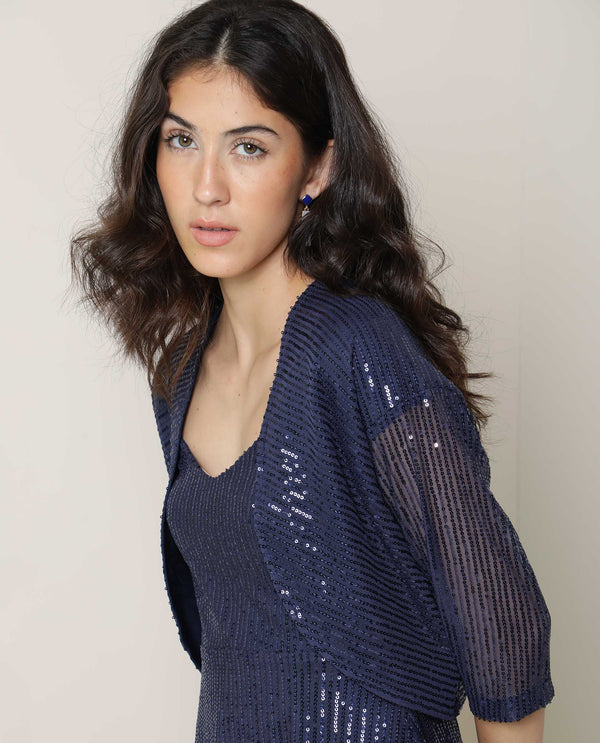 Rareism Women Agog Dark Blue Nylon Fabric 3/4Th Sleeves Solid Collarless Knee Length Shrug