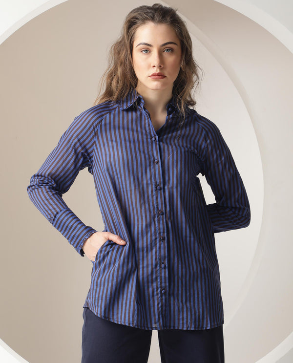 Rareism Women Treasure Dark Blue Cotton Fabric Full Sleeves Button Closure Shirt Collar Relaxed Fit Striped Shirt