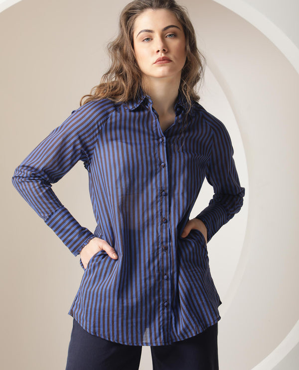 Rareism Women Treasure Dark Blue Cotton Fabric Full Sleeves Button Closure Shirt Collar Relaxed Fit Striped Shirt