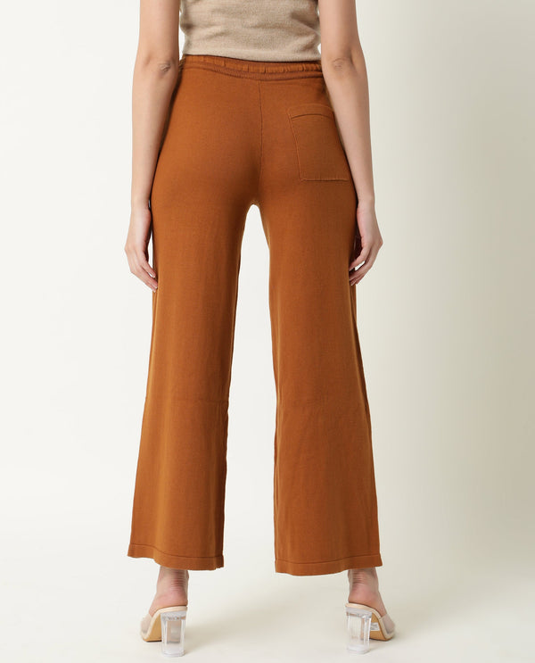 Rareism Women Finn Track Rust Cotton Fabric Flared Solid Mid Rise Ankle Length Track Pant