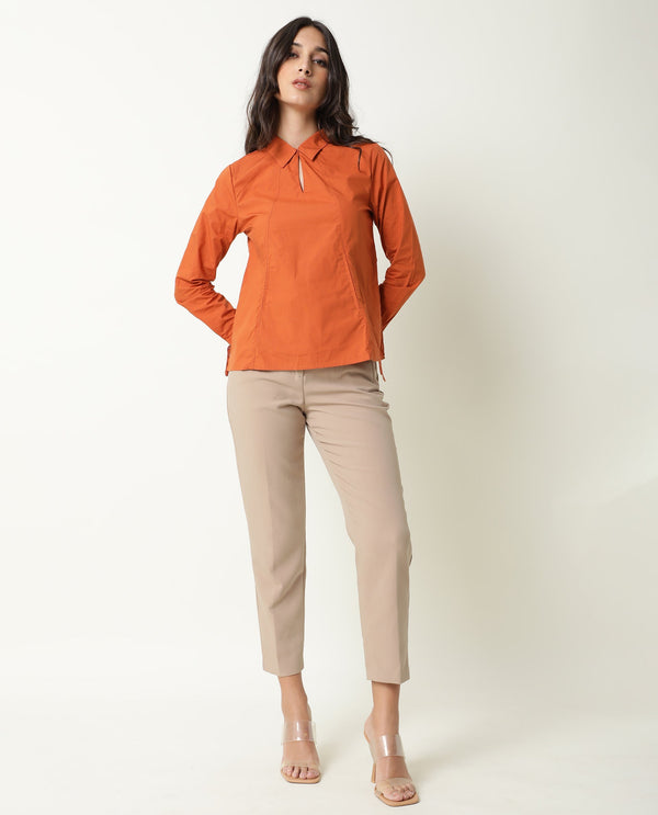 Rareism Womens Merge Rust Top Cotton Fabric Regular Fit Full Sleeve Collared Neck