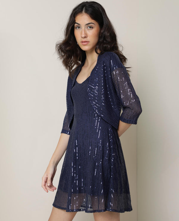 Rareism Women Agog Dark Blue Nylon Fabric 3/4Th Sleeves Solid Collarless Knee Length Shrug