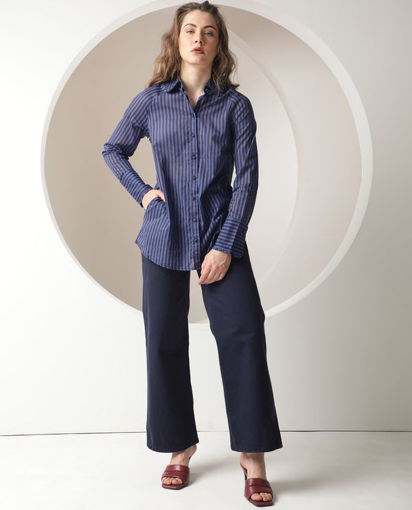 Rareism Women Treasure Dark Blue Cotton Fabric Full Sleeves Button Closure Shirt Collar Relaxed Fit Striped Shirt
