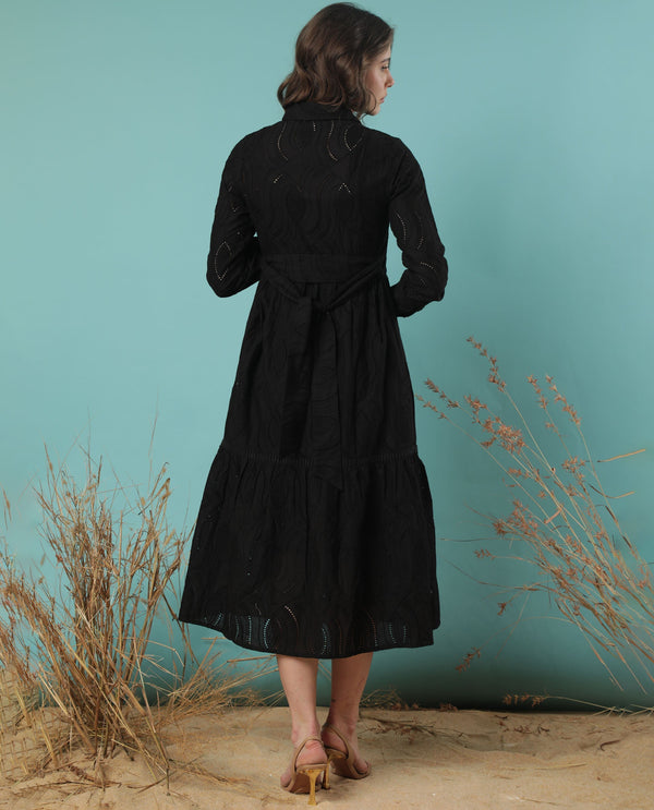 Rareism Women Darcy Black V Neck Full Sleeves Front Button Closure With Pockets Midi Dress