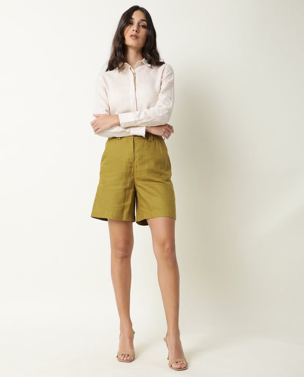Rareism Women Lamar Olive Cotton Fabric Relaxed Fit Solid High Rise Shorts