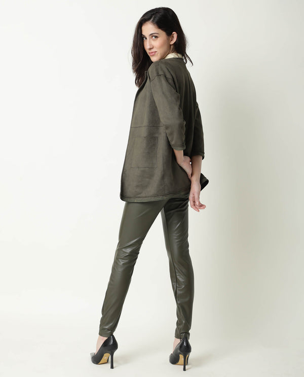 Rareism Women Square Olive Polyester Fabric 3/4Th Sleeves Solid Boat Neck Jacket