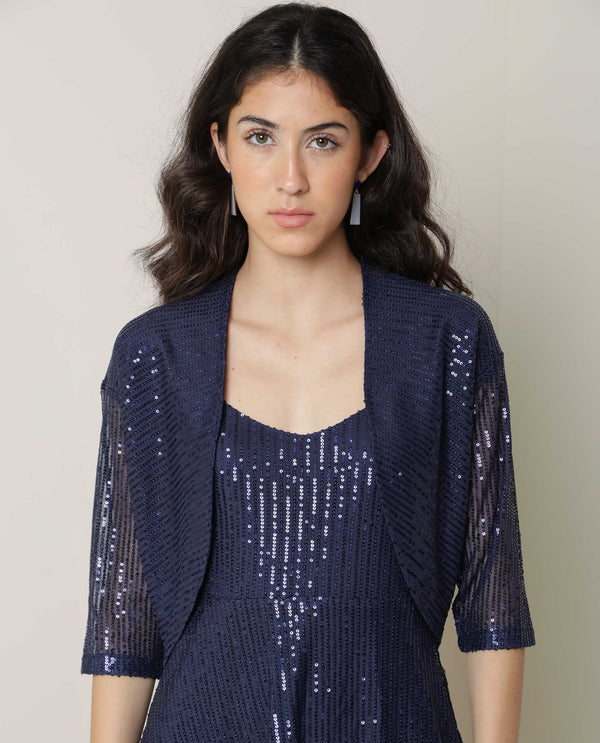 Rareism Women Agog Dark Blue Nylon Fabric 3/4Th Sleeves Solid Collarless Knee Length Shrug