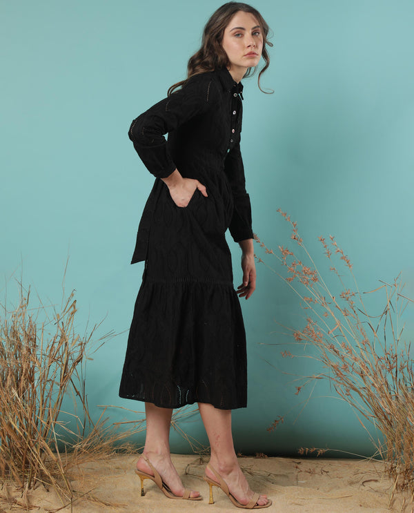 Rareism Women Darcy Black V Neck Full Sleeves Front Button Closure With Pockets Midi Dress