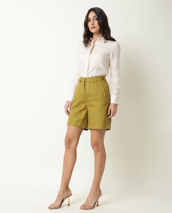 Rareism Women Lamar Olive Cotton Fabric Relaxed Fit Solid High Rise Shorts